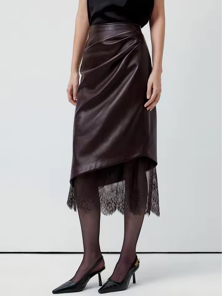 Coffee Black Pu Leather Midi Skirt