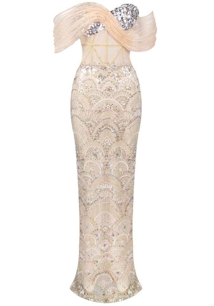 Bardot Sequin Bustier Maxi Dress Peach