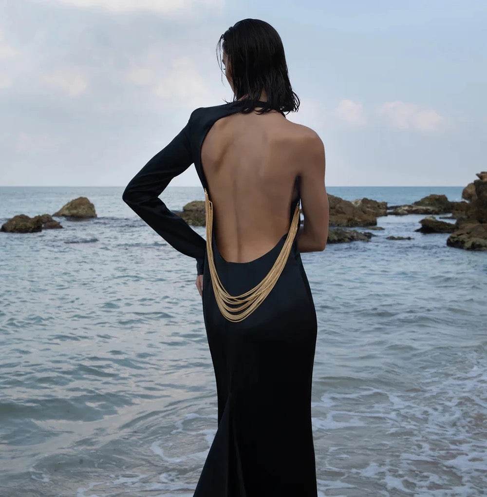 One Shoulder Open Back Mermaid Chain Tight Long Dress - REBECATHELABEL
