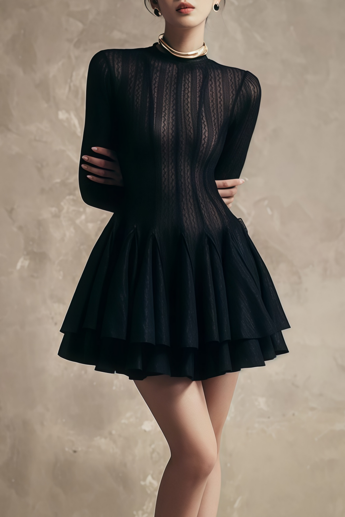 Black Layered Design Puff Mini Dress
