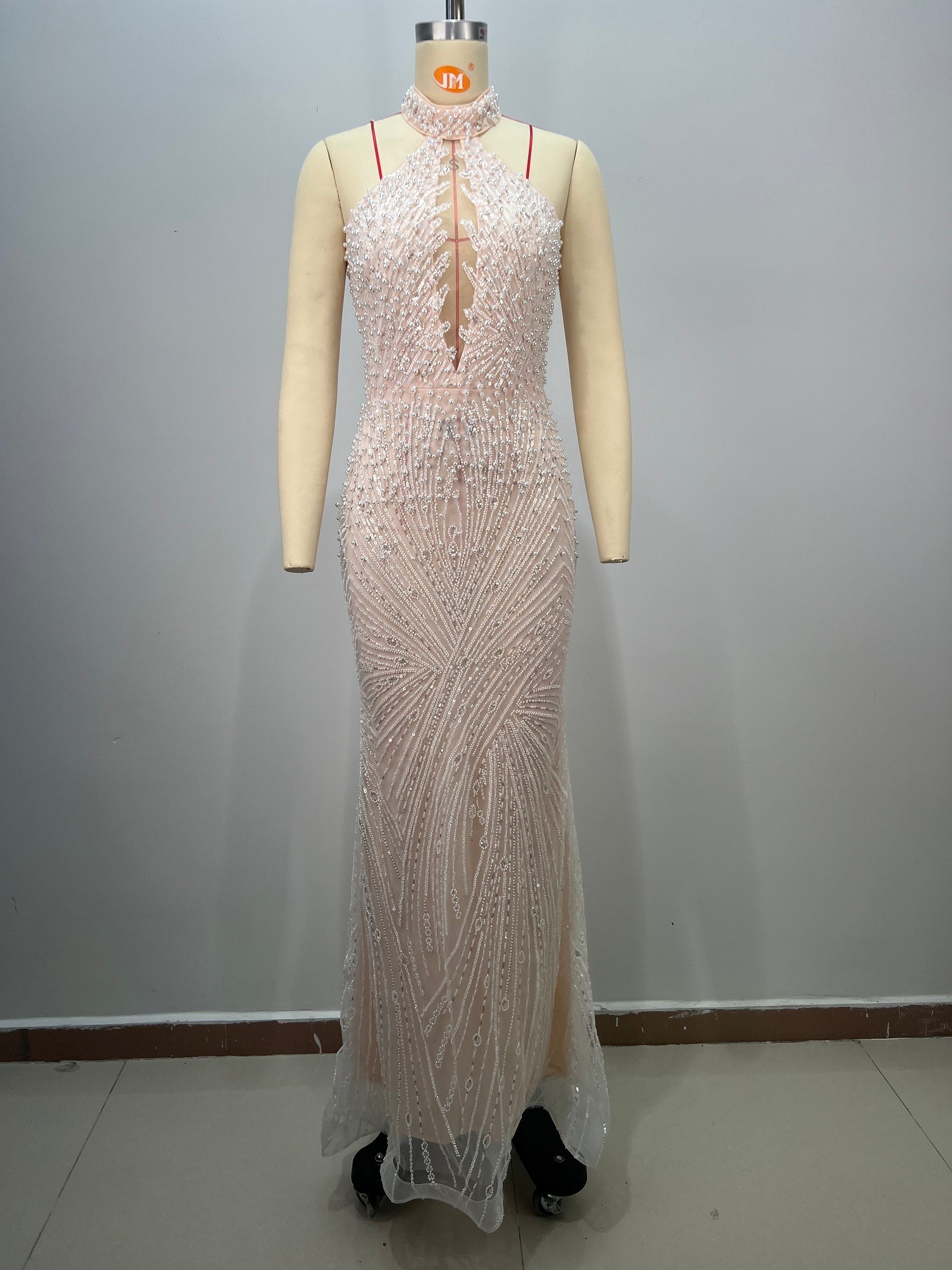 Pearls Diamonds Embellished Gown High Halter Neck Bare Shoulder Empire Waist dress