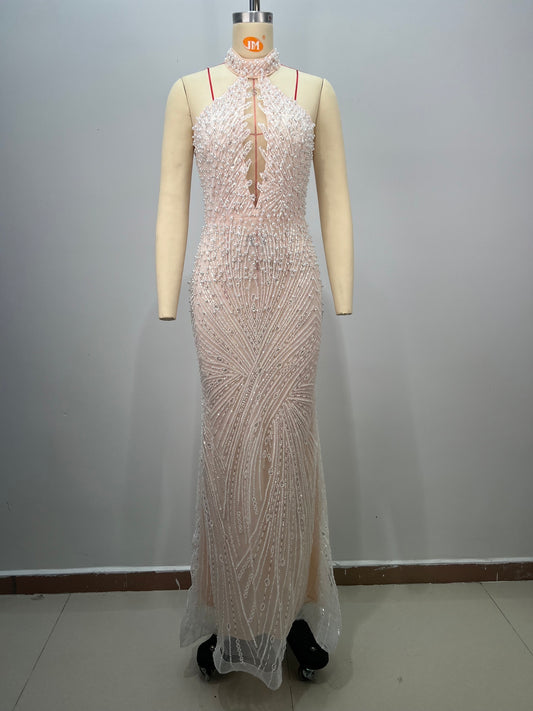 Pearls Diamonds Embellished Gown High Halter Neck Bare Shoulder Empire Waist dress