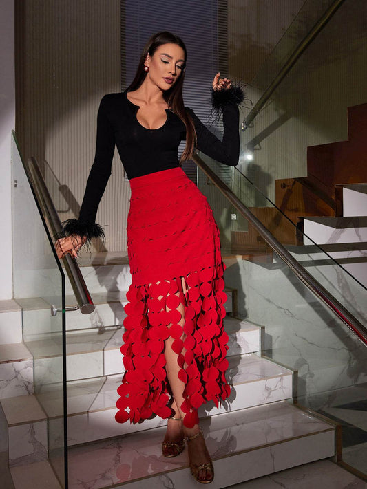 Circle Cutout Fringe Skirt In Red - REBECATHELABEL