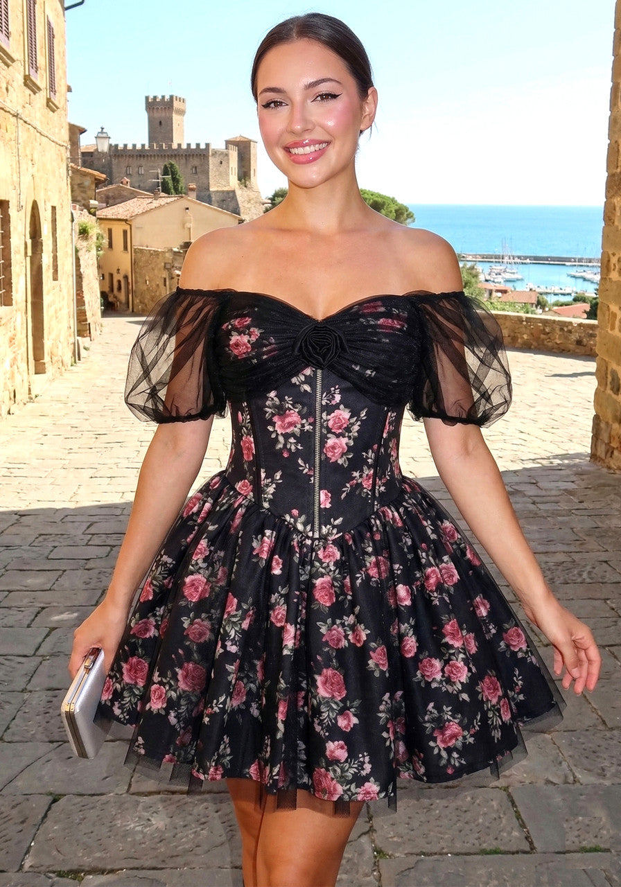 Mesh Bardot Floral A Line Dress Black