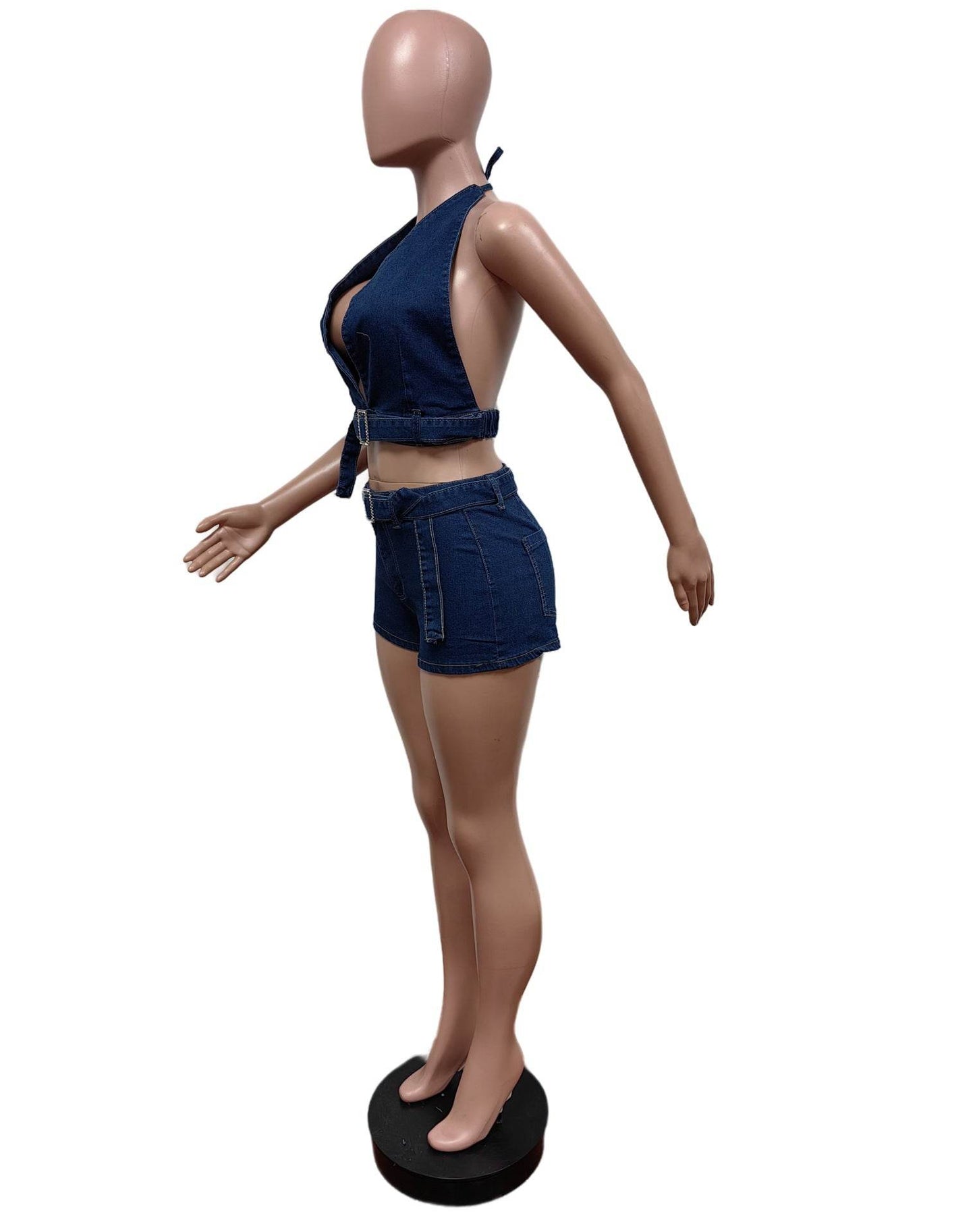 Denim Halter Stretch Shorts Suit Hip Shorts Suit - REBECATHELABEL