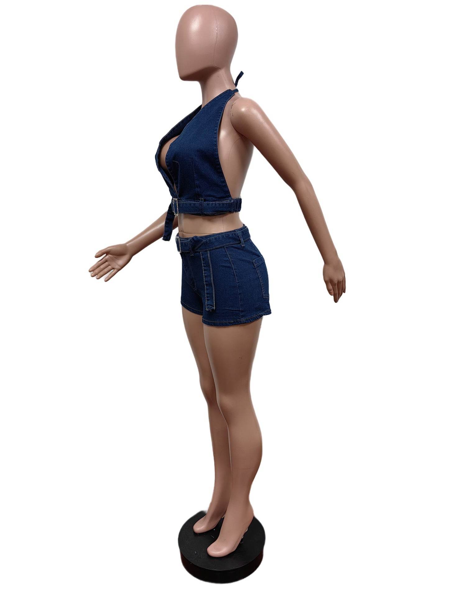 Denim Halter Stretch Shorts Suit Hip Shorts Suit - REBECATHELABEL