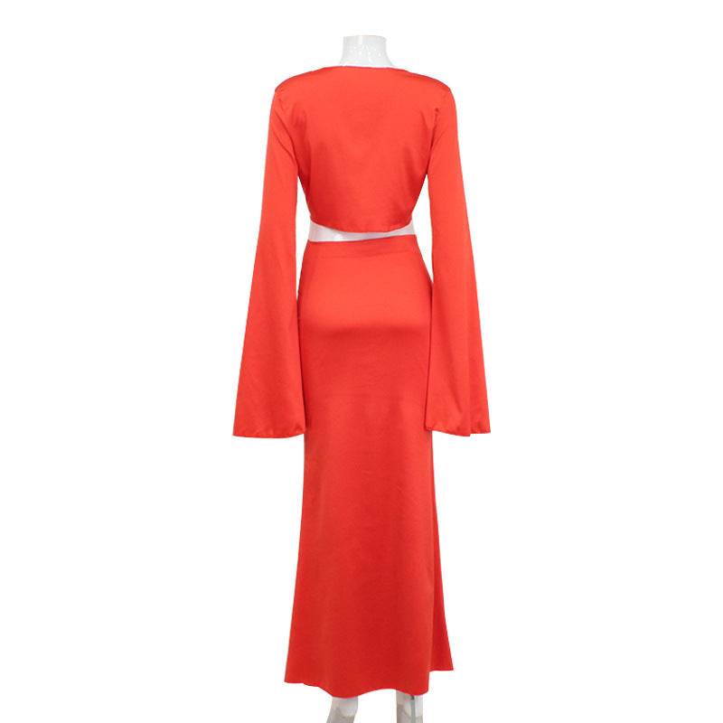 Lace Up Long Sleeve Sexy French V Neck Low Waist set - REBECATHELABEL