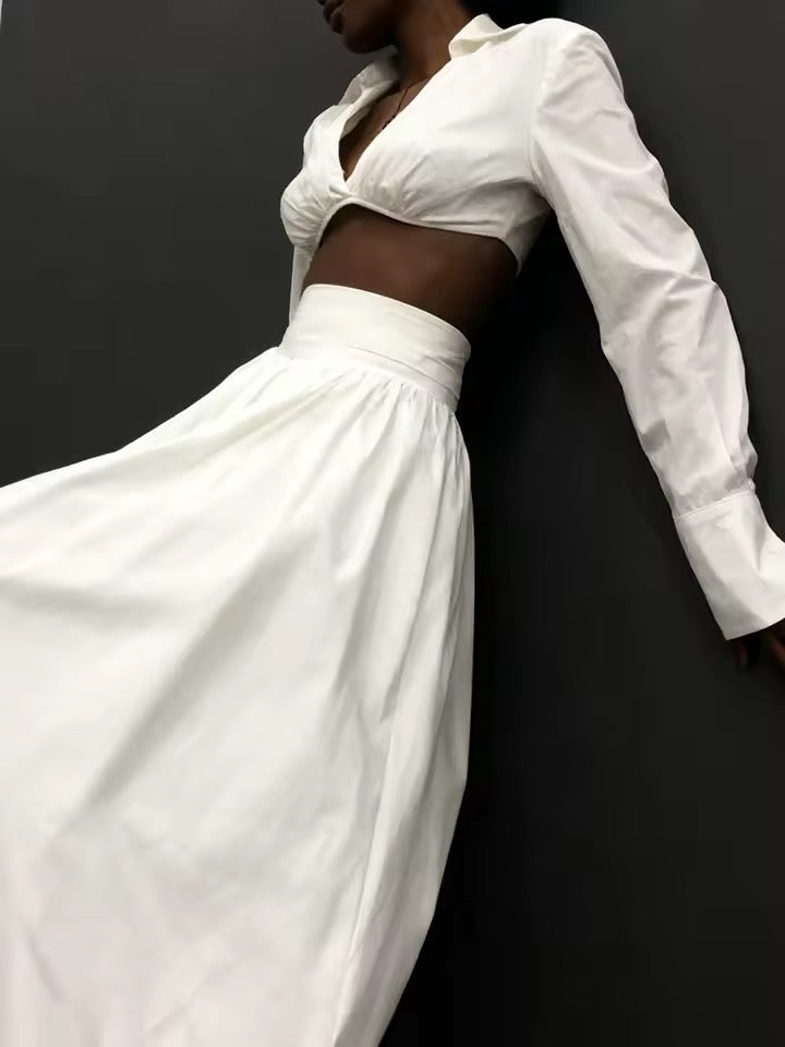 Neck Long Sleeve Mini Top High Waist Skirt set