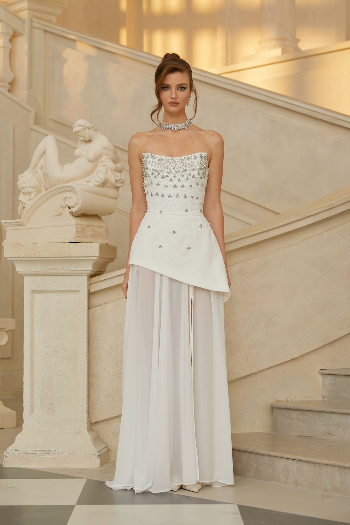 White Embellished Dress & Skirt Set