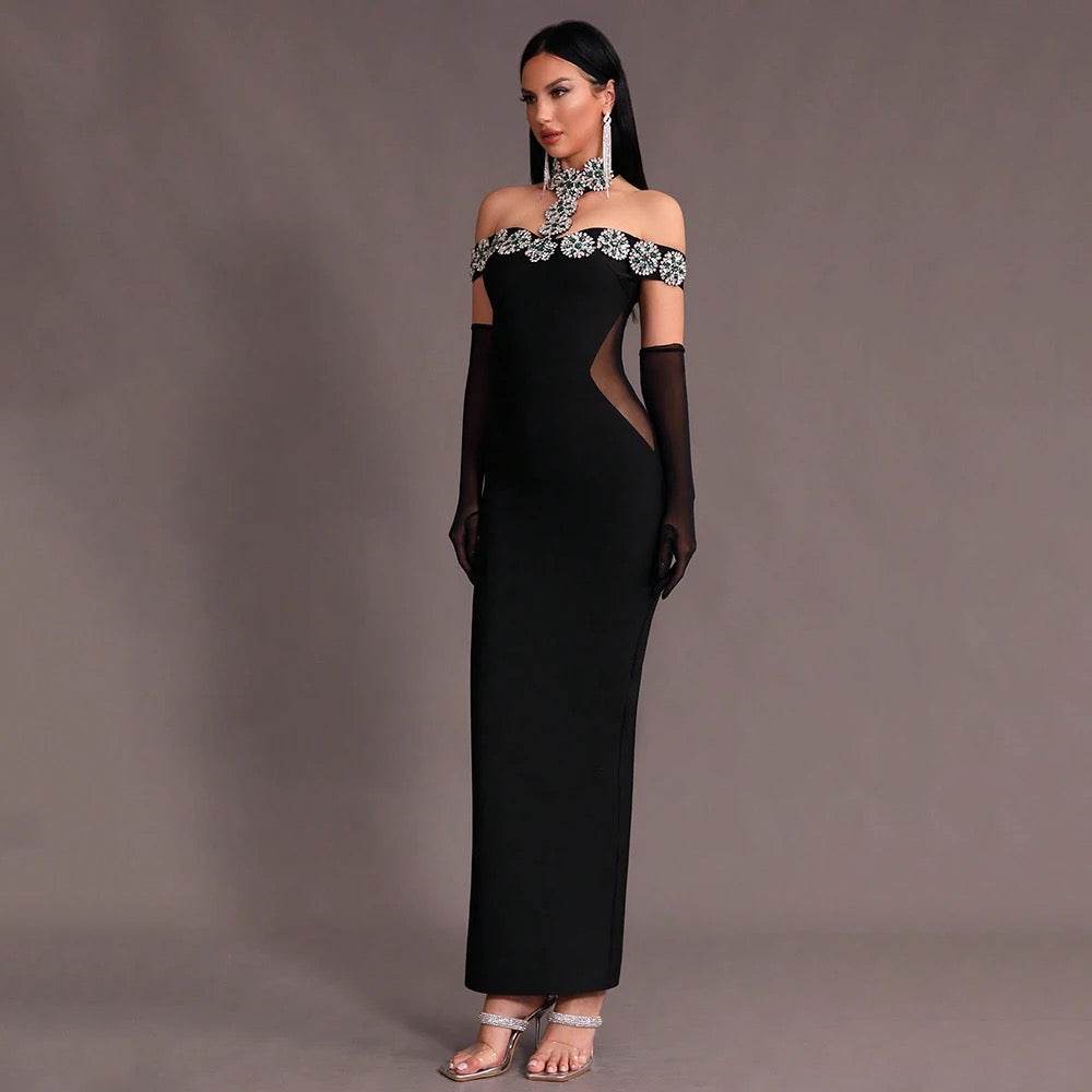 Off Shoulder Luxury Diamond Tight Long Bandage Dress - REBECATHELABEL