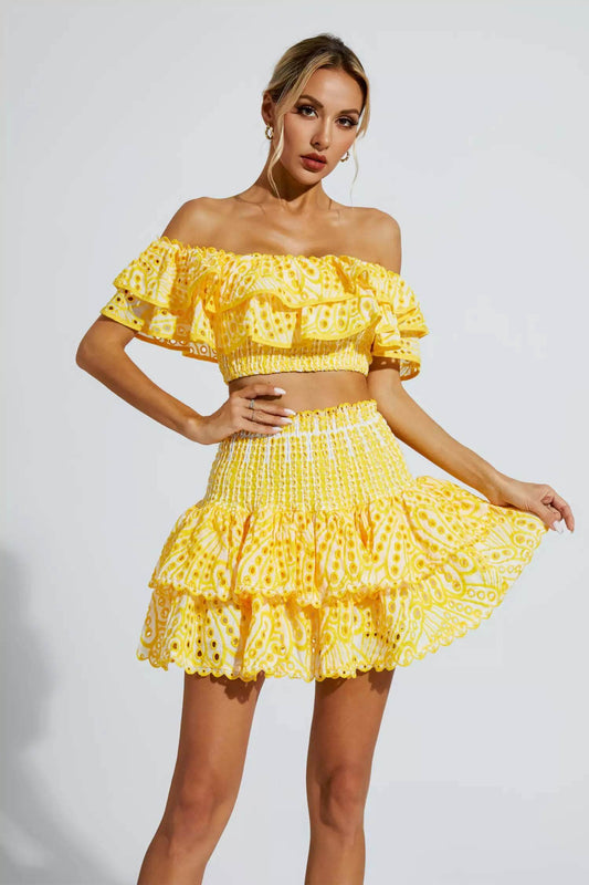 Yellow Floral Ruffle Off-Shoulder Set - REBECATHELABEL