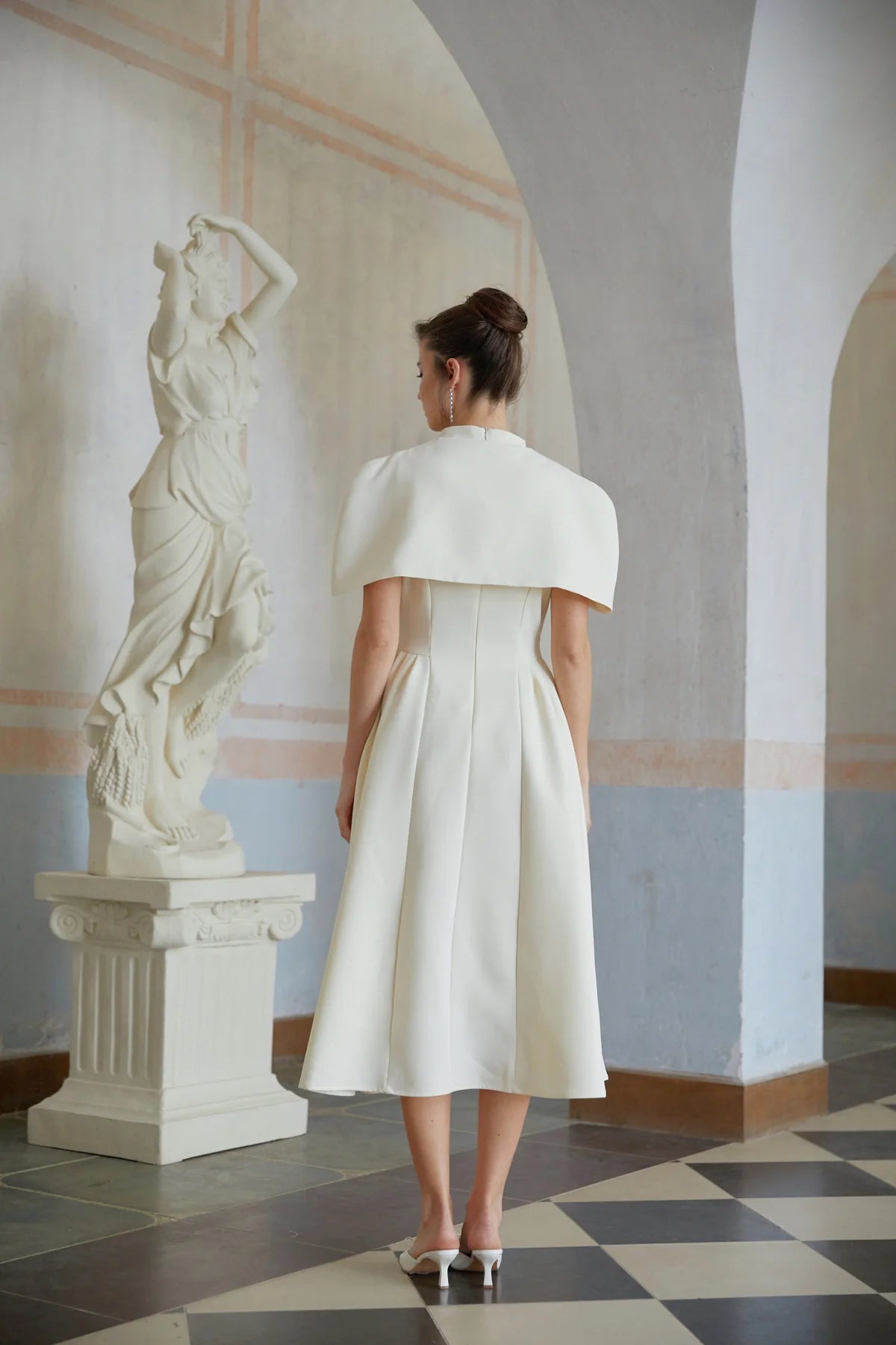 Neutral Shawl Detail Shirred Midi Dress