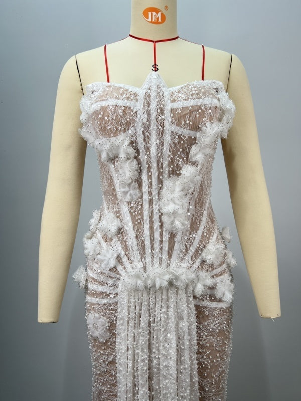 Lace Beads Tube Top White Flowers Wedding Dress For Dinner