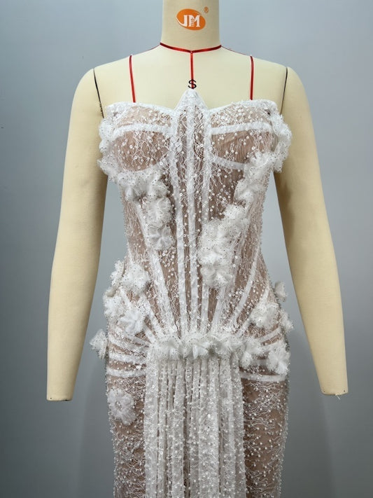 Lace Beads Tube Top White Flowers Wedding Dress For Dinner