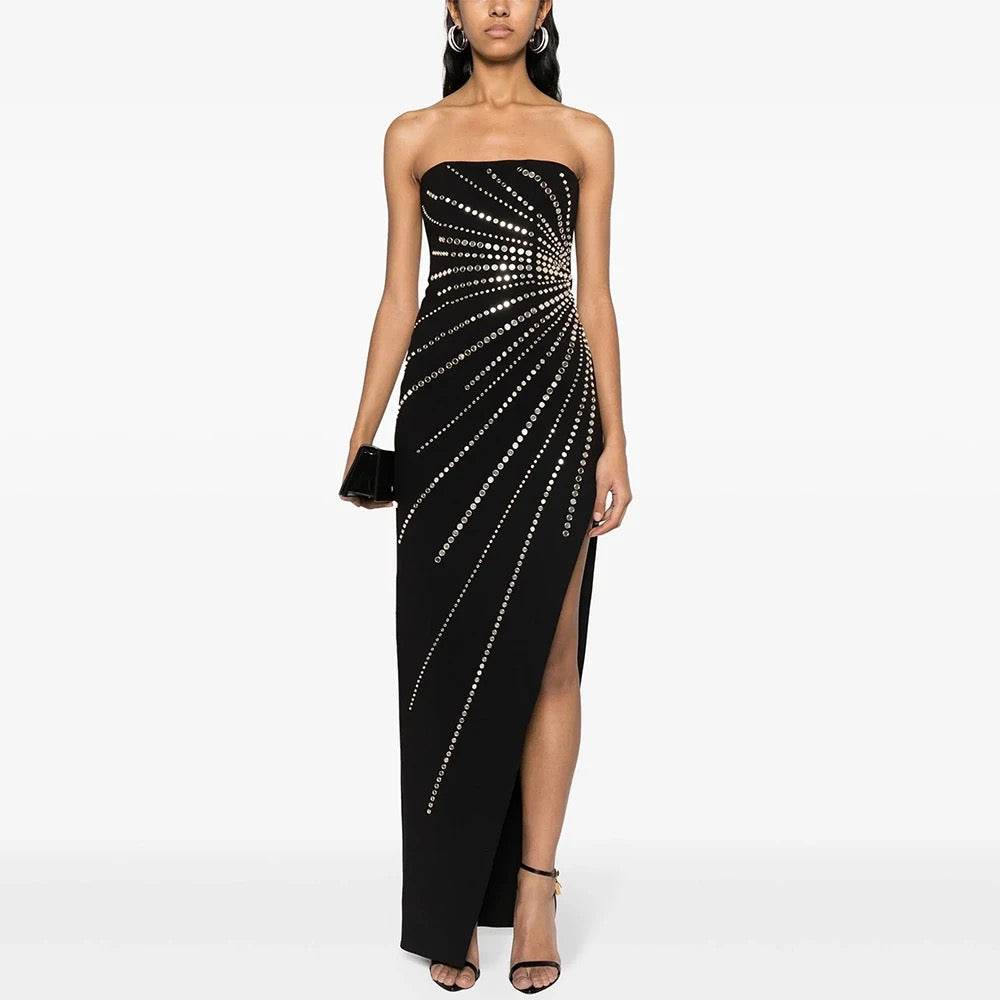 Strapless Diamond Sequins Asymmetric Maxi Split Bandage dress - REBECATHELABEL