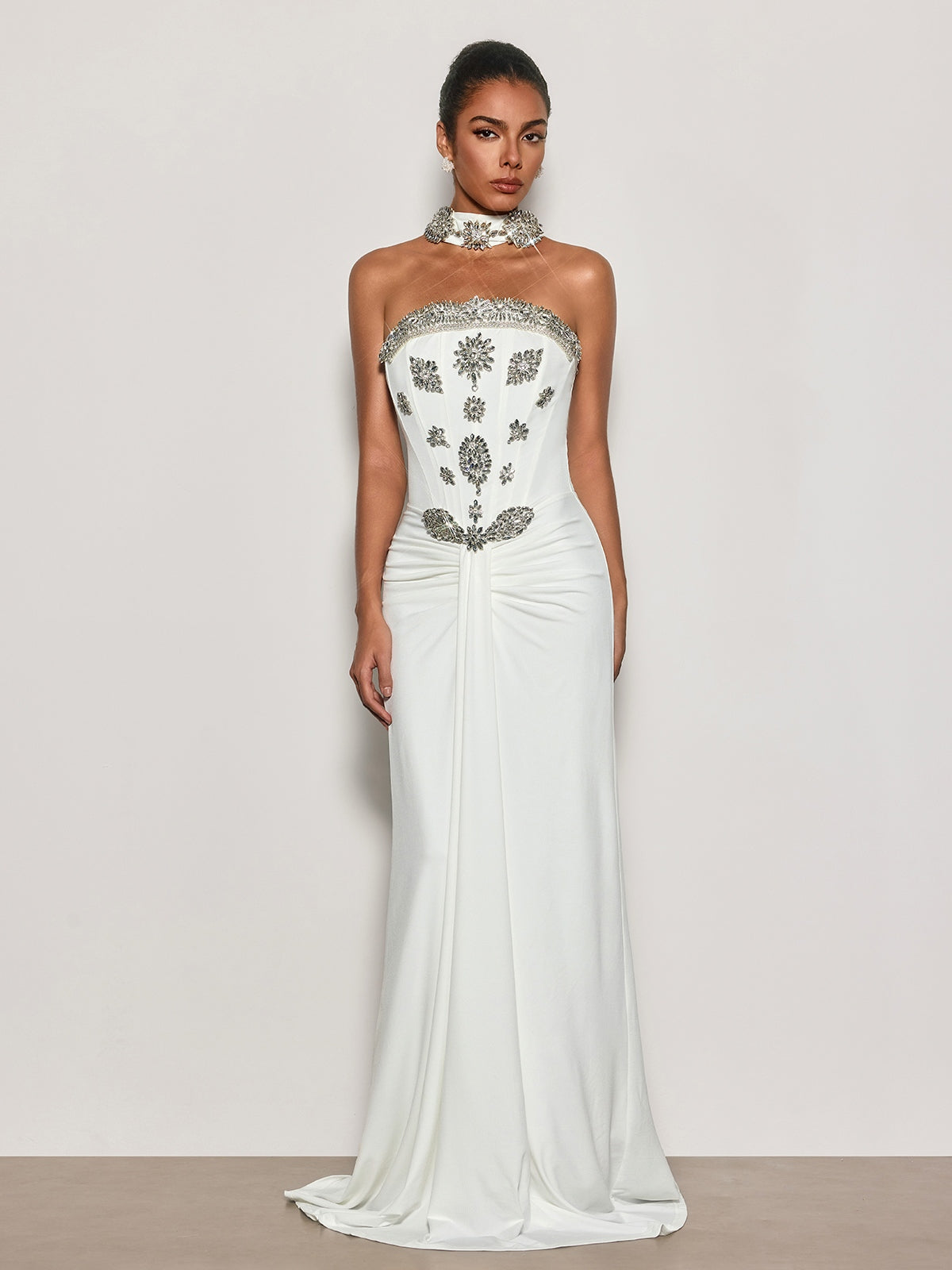 Strapless Crystal Scarf Maxi Dress