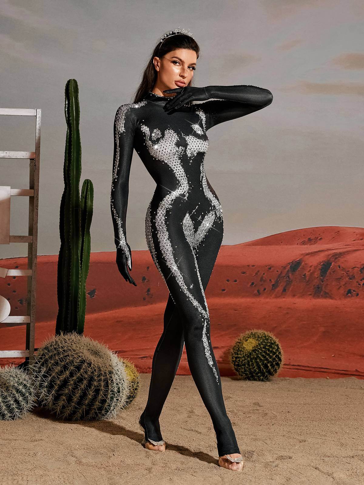 Body Printed Rhinestone Gloves Jumpsuit In silver - REBECATHELABEL