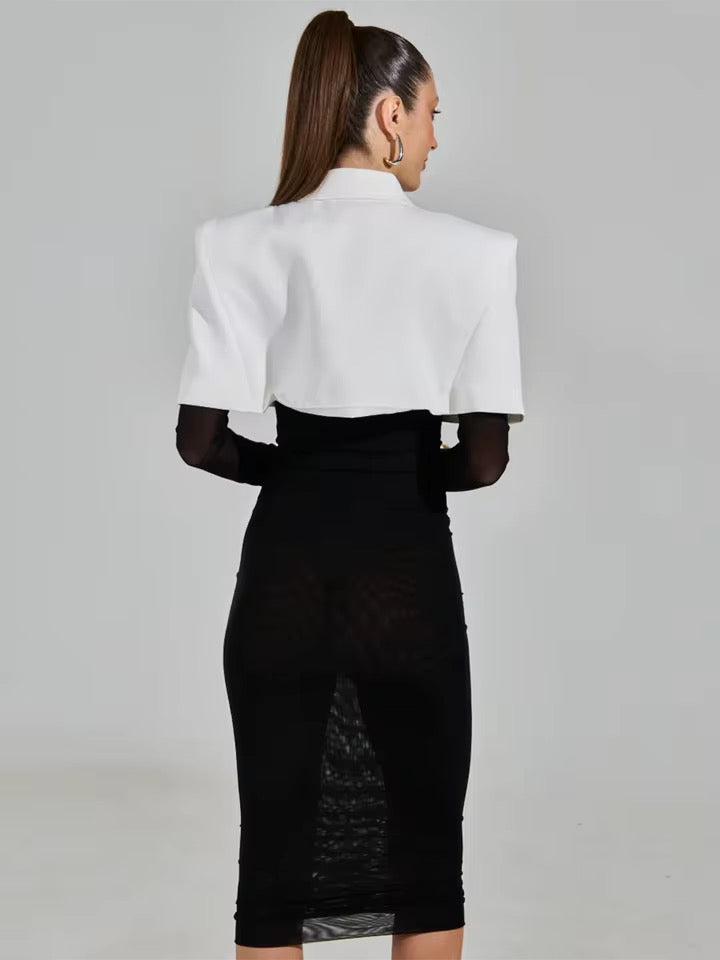 Lapel Slim Midi Shirt Dress Long Sleeved Sexy Mesh set