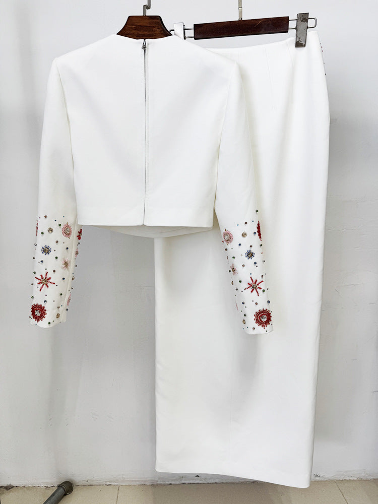 Crystal Long 2 Piece Skirts Suits Sexy Crop Tops Beading Midi Skirts Suit