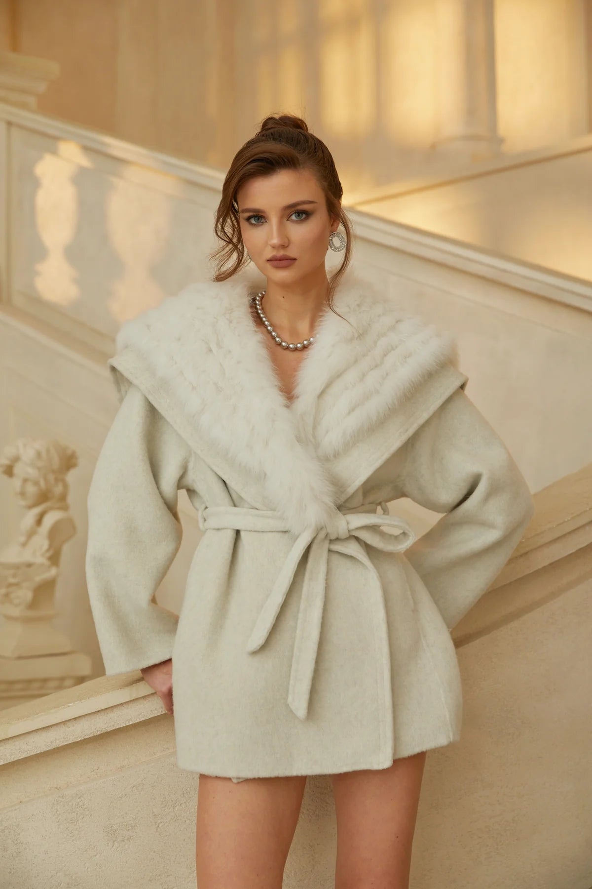 Grey Fur Trim Wrap Wool Coat