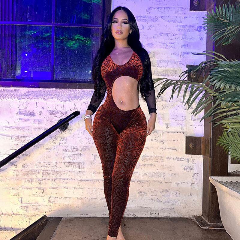 Mesh Long Sleeve U Neck Hollow Out Cutout Sexy jumpsuit - REBECATHELABEL
