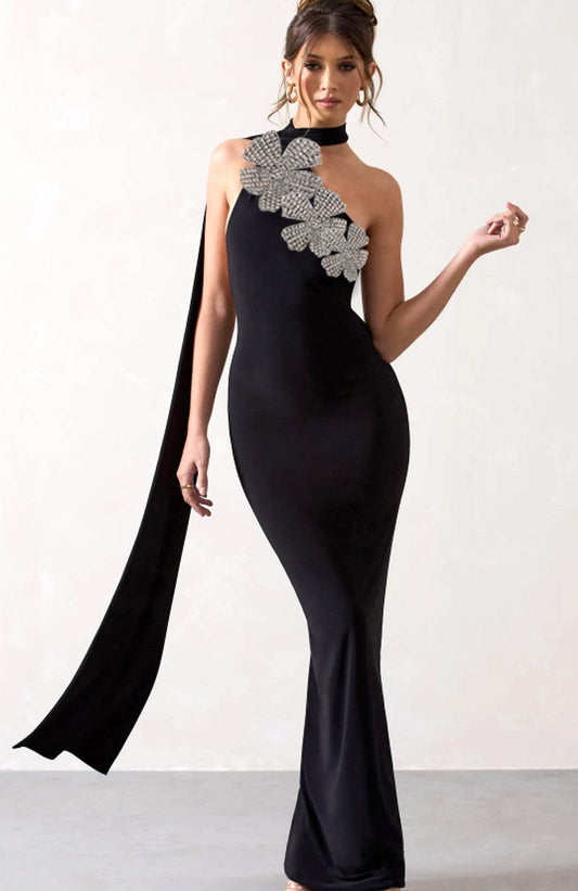 Diamond Flower Splicing Bandage Maxi Dress - REBECATHELABEL