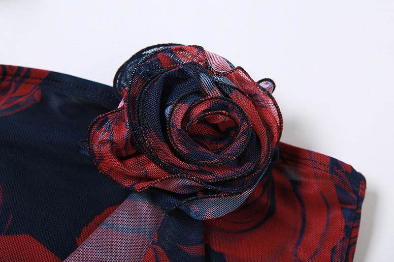 Lace up Scarf Printed Wrapped Chest Cropped Irregular Asymmetric Skirt Set - REBECATHELABEL