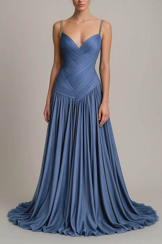 Blue Diagonal Pleated Gathered Maxi Gown