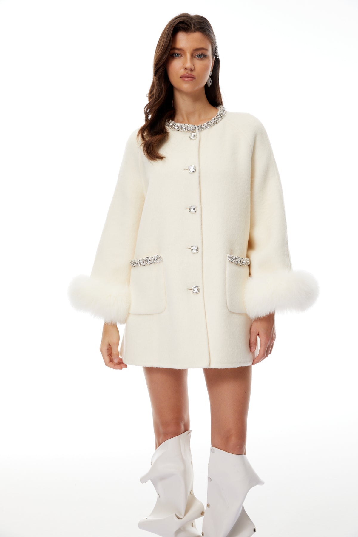 White Fur Trim Embellished Wool Coat