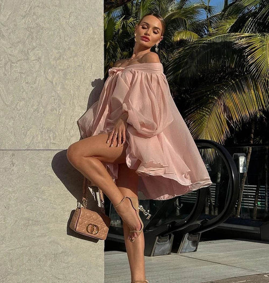 Off Shoulder Long Sleeve Bow Loose Mini Dress - REBECATHELABEL