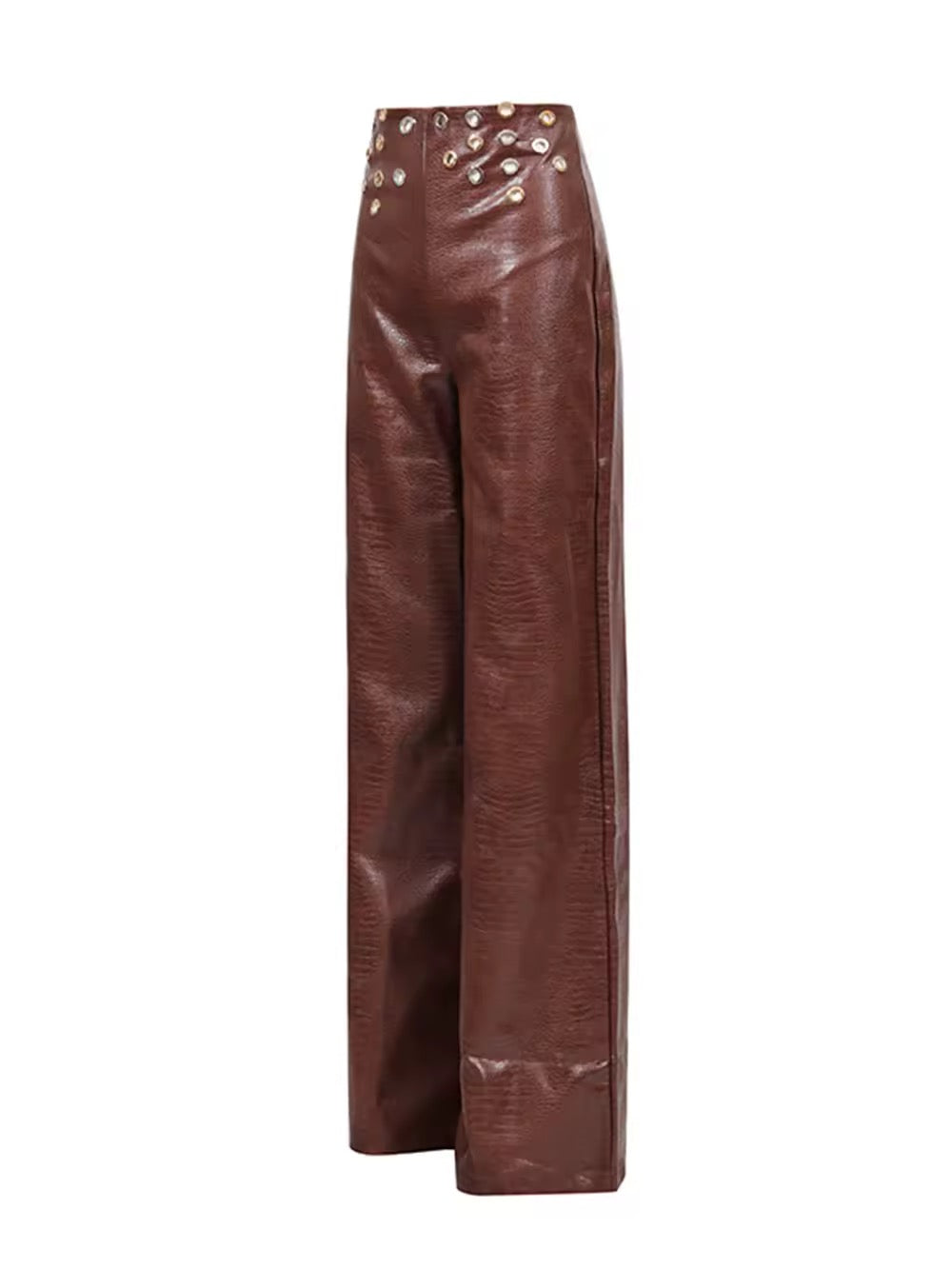 Hole Leather Two Pieces Set Crop Top+High Waist Pants