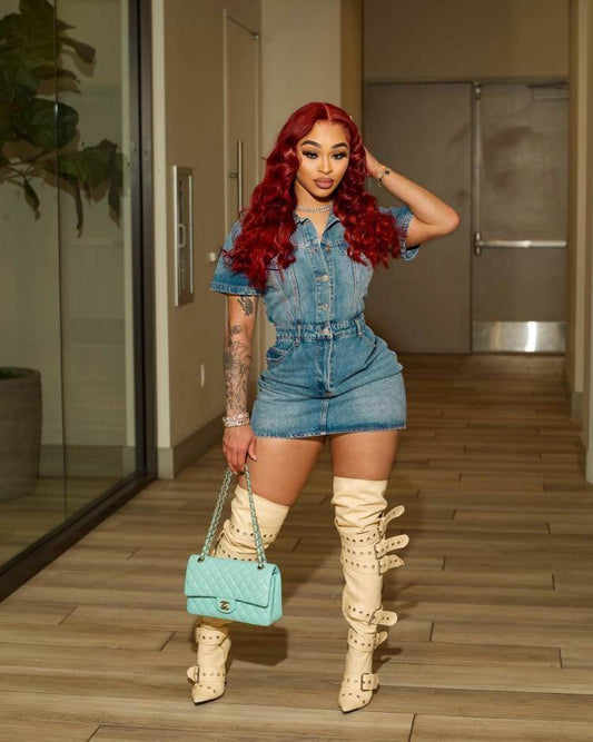 Spring Summer Denim Short Sleeve Dress Slim Fit Elastic Dress - REBECATHELABEL