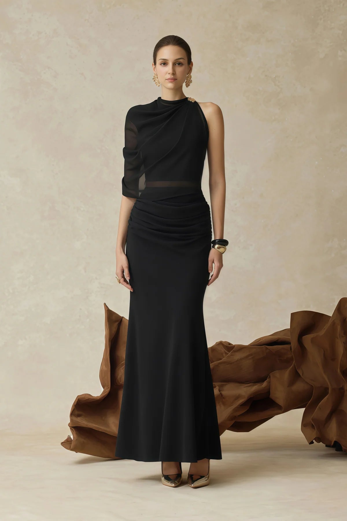 Black Asymmetrical Ruched Top & Skirt Set