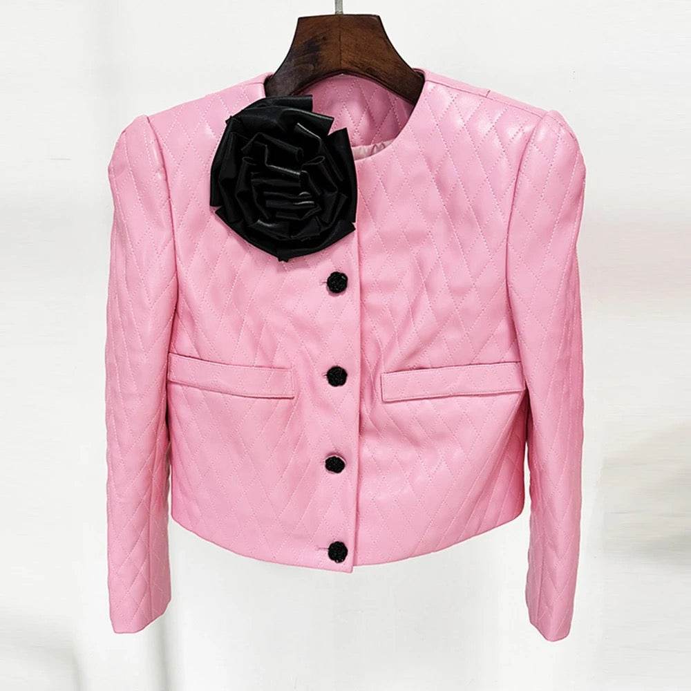 Pink Diamond Quilted Short Leather Jacket Leather Mini Skirt set - REBECATHELABEL