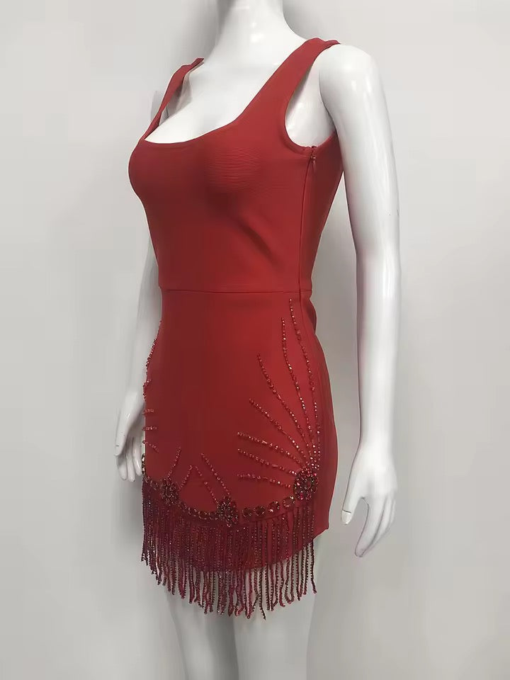 Backless Beaded Tassel Bandage Sexy Mini Dress