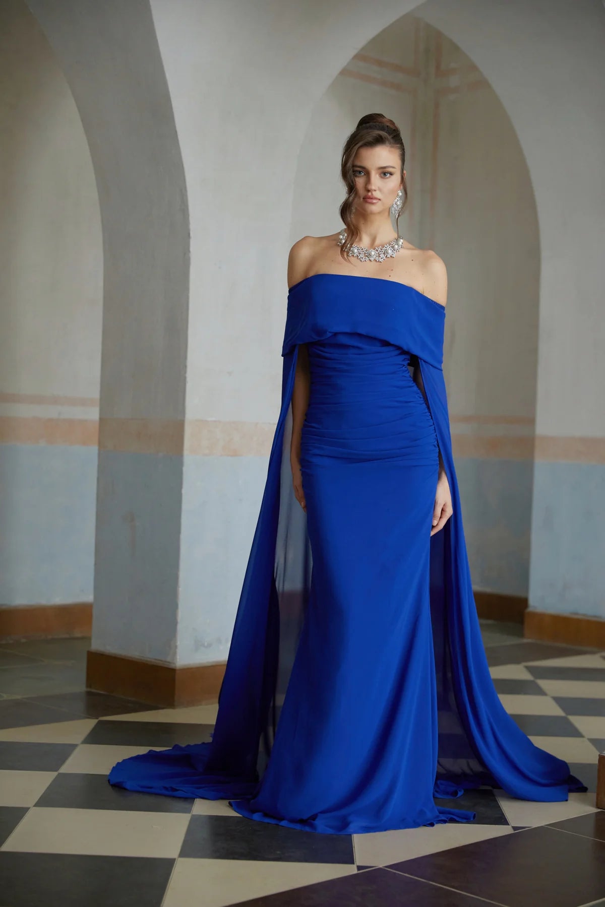 Blue Cape Design Ruched Maxi Gown