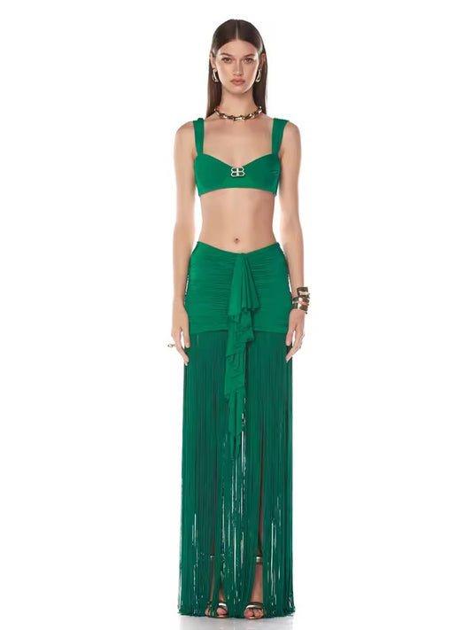Top+Tassel Skirt Two-Piece Set Fringed Skirt Party