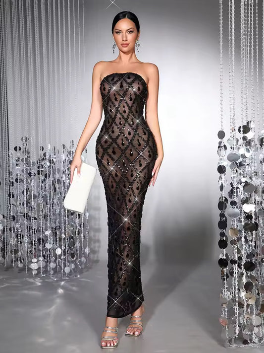 Sparkly Diamond Stretchy Mesh See Through Long Dress
