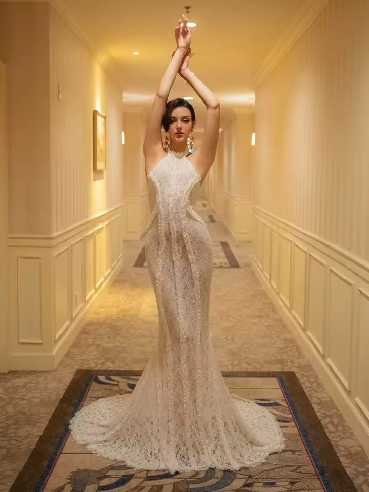 Backless lace-up Bridal Halter Sleeveless Gown dress