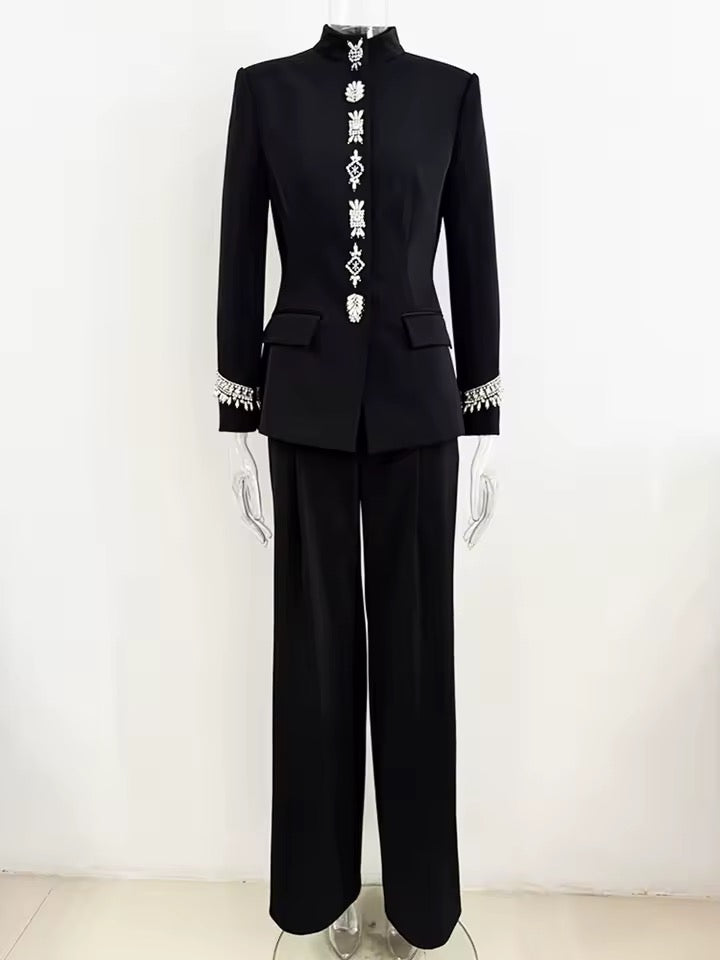 Diamond Beaded Blazer Jacket Pants Set