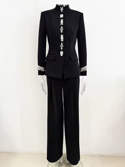 Diamond Beaded Blazer Jacket Pants Set