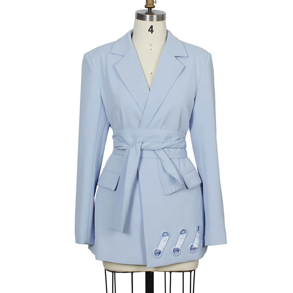 Notched Collar Full Sleeve Sashes Pocket Lace Up Belt Waisted