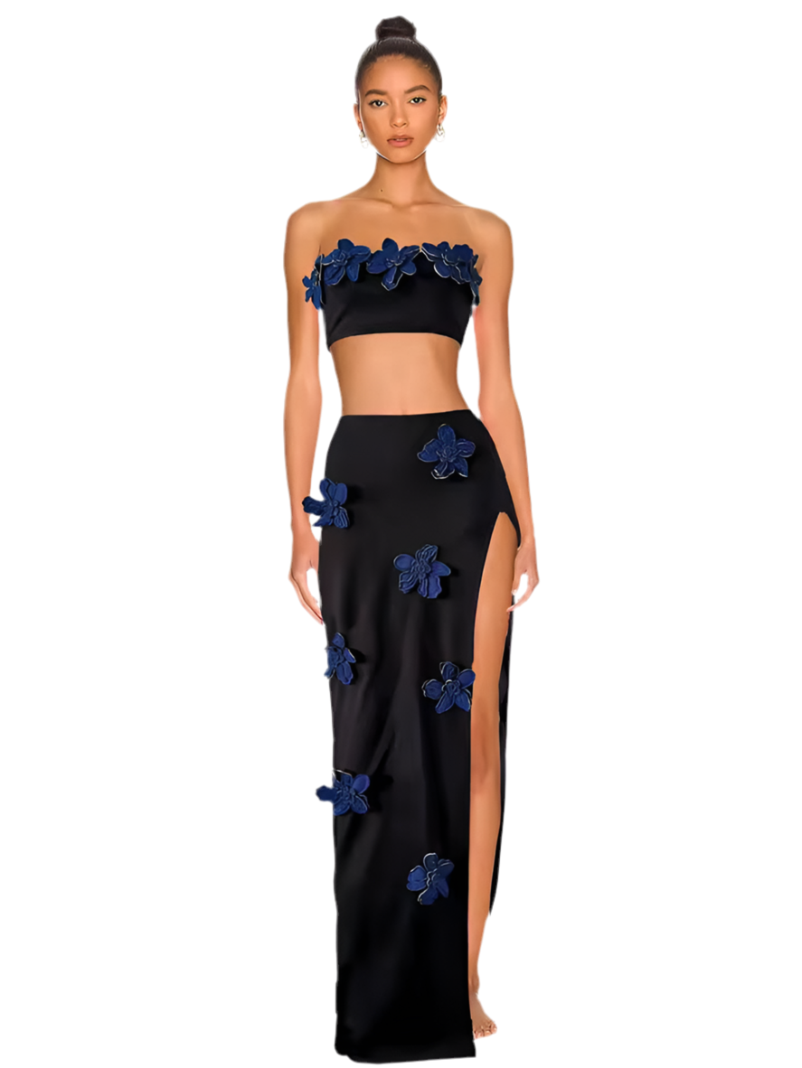 3D Flowers Sexy Party Two Piece Set Strapless Crop Top And Long Skirts 2 Pieces Set