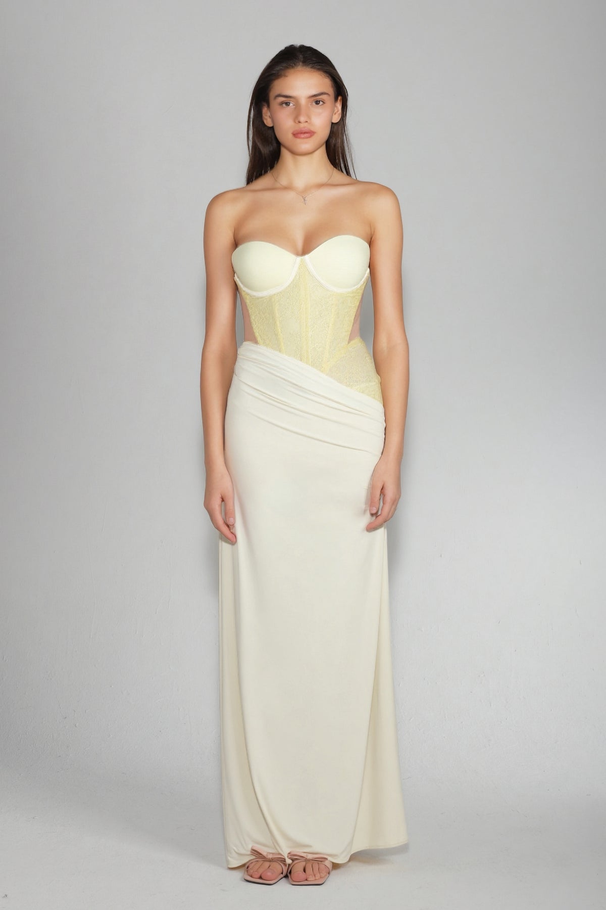 Yellow Lace Corset Bodice Maxi Dress