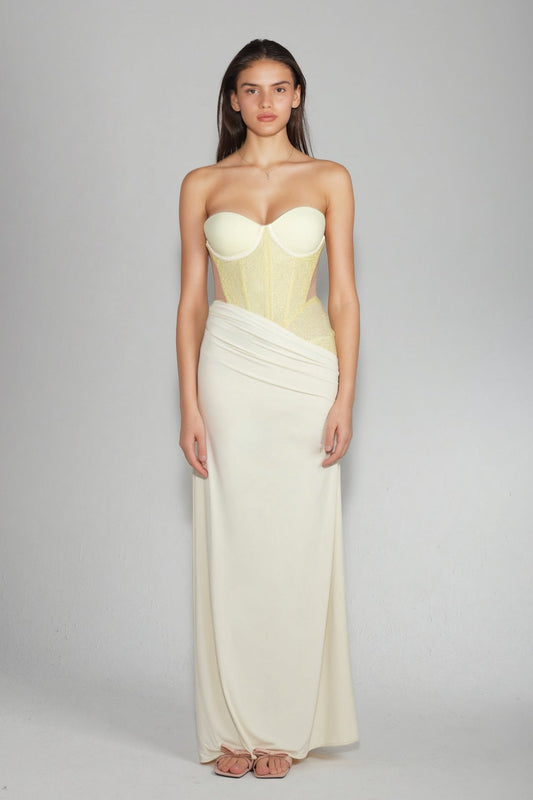 Yellow Lace Corset Bodice Maxi Dress
