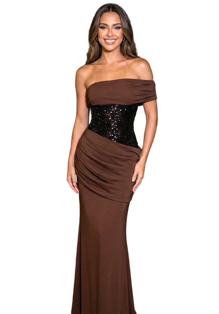 Bardot Sequin Corset Maxi Dress Brown