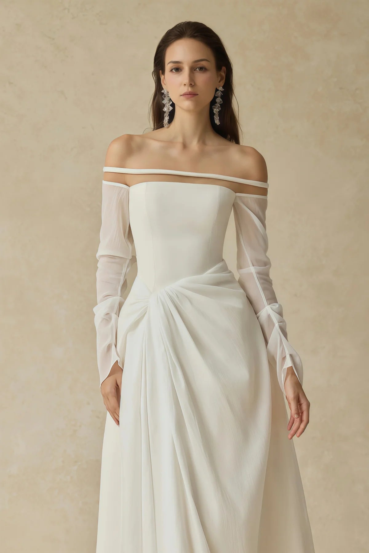 White Gathered Crepe Midi Dress