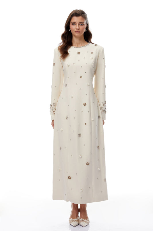 Cream White Fully Embellished Maxi Dress