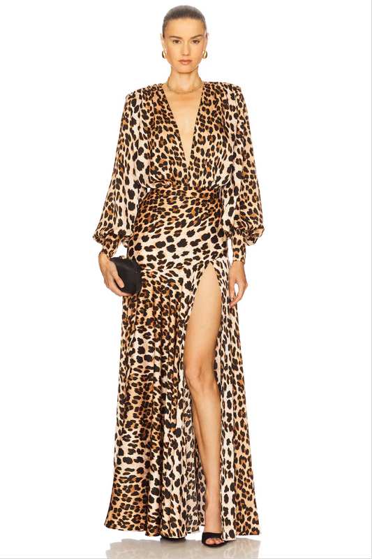 Leopard Print V-Neck Slit Maxi Dress