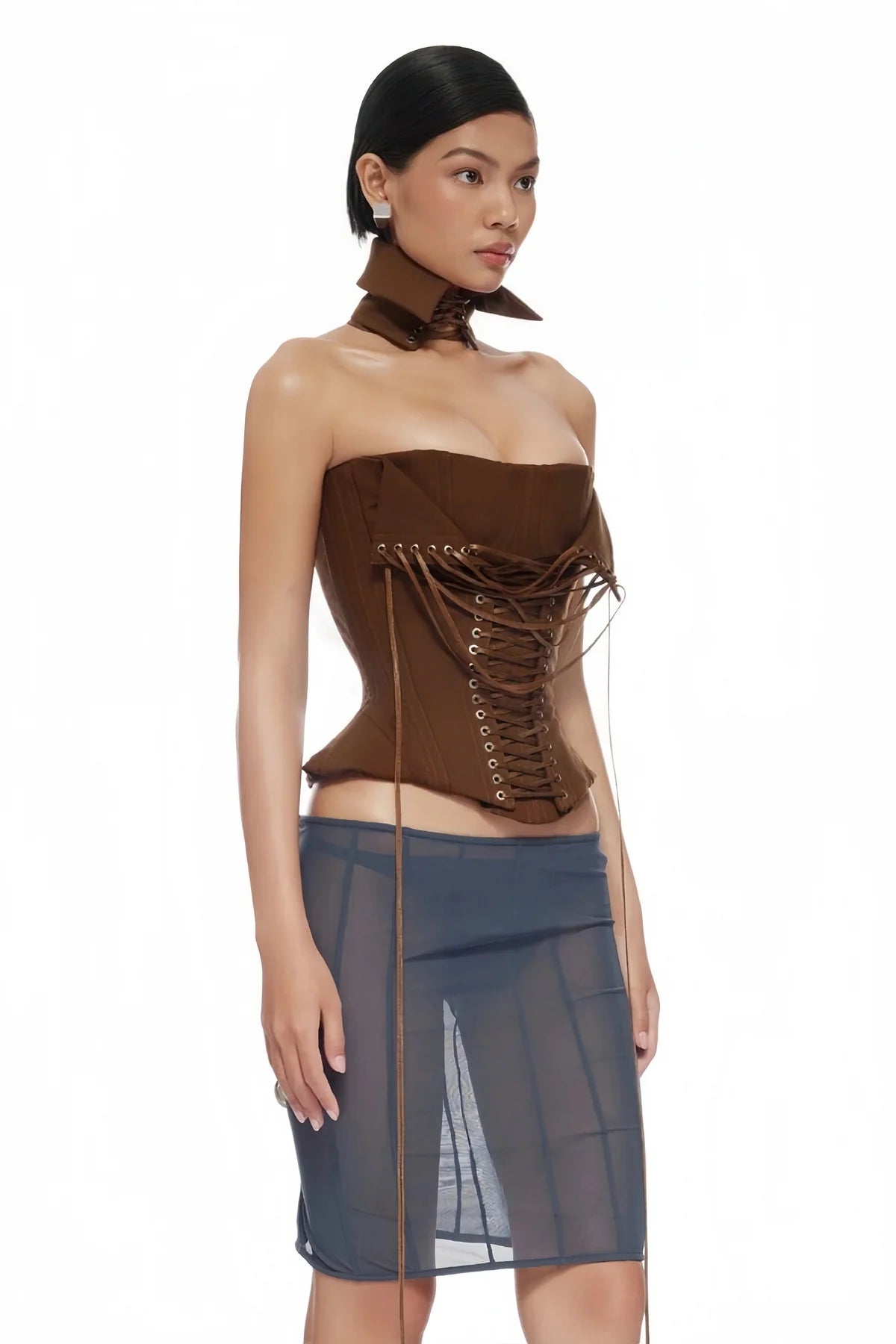 Brown Lace Up Corset Crop Top